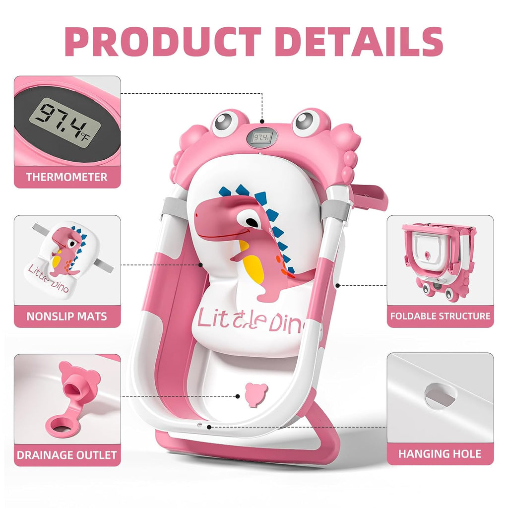 Collapsible Baby Bathtub for Newborns to Toddlers with Real-Time Temperature Monitor and Floating Cushion, Portable Travel Tub for Ages 0-36 Months, Foldable Design for Infants (Pink)