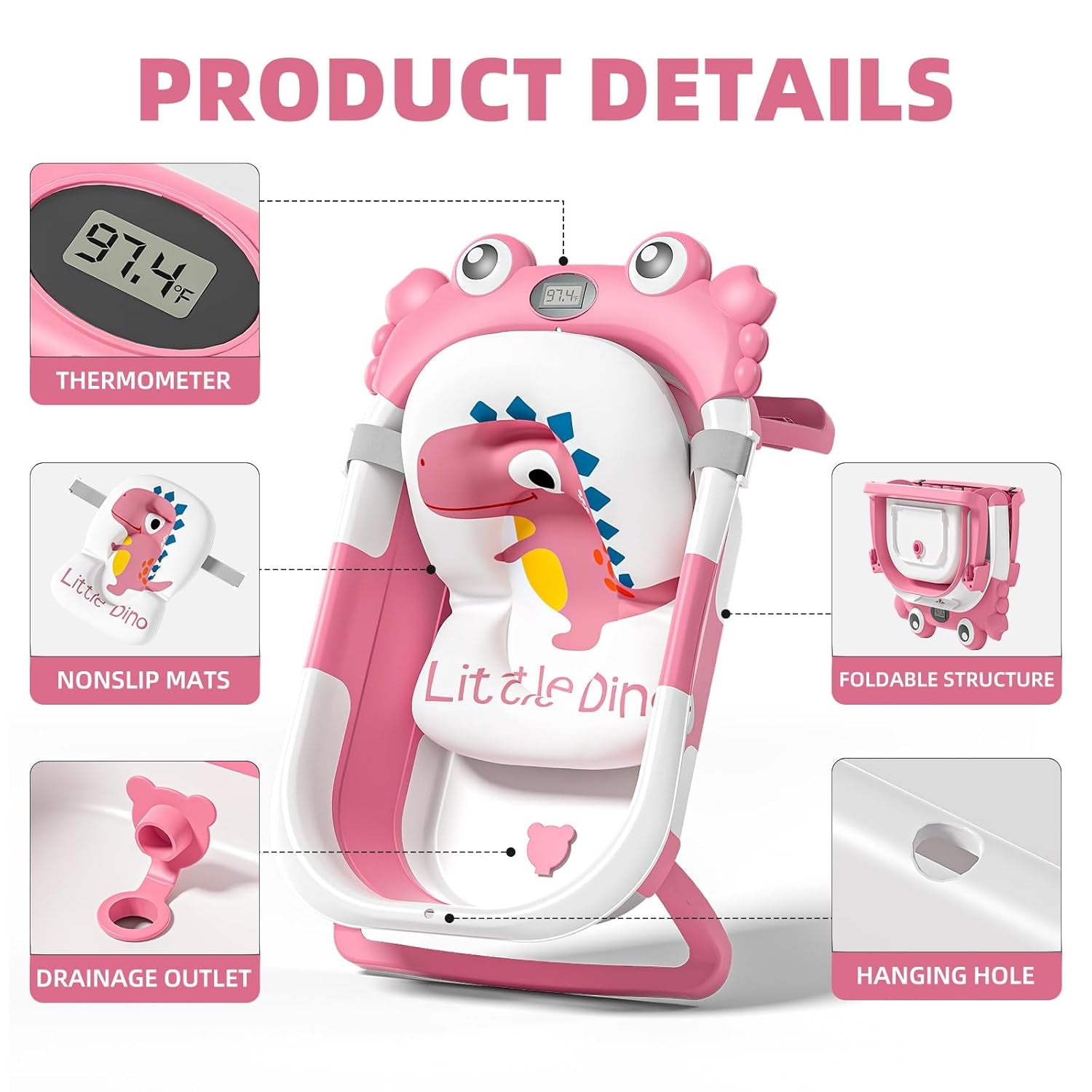 Collapsible Baby Bathtub for Newborns to Toddlers with Real-Time Temperature Monitor and Floating Cushion, Portable Travel Tub for Ages 0-36 Months, Foldable Design for Infants (Pink)
