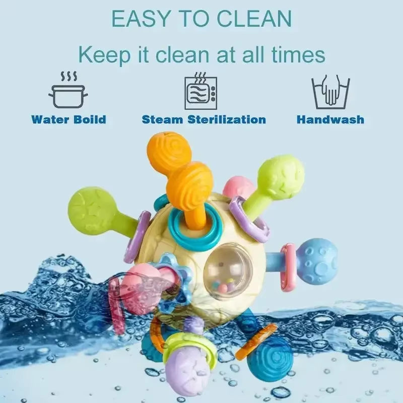 Infant Rotating Rattle Ball: Grasping Activity Development Toy and Silicone Teether for Sensory Stimulation (0-12 Months)