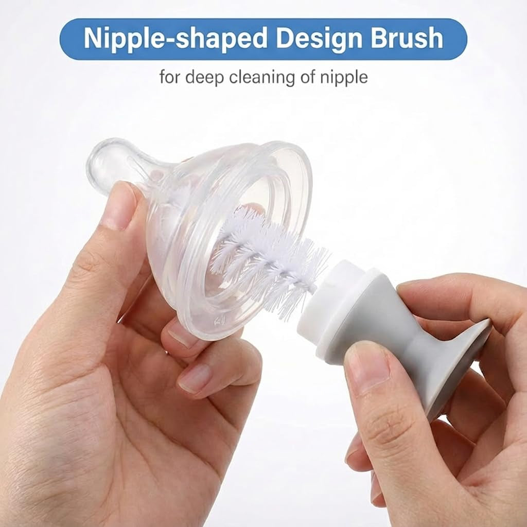 5-in-1 BPA-Free Baby Bottle Cleaning Set with Nylon and Silicone Brushes for Bottles, Caps, Straws, and Nipples (Grey)