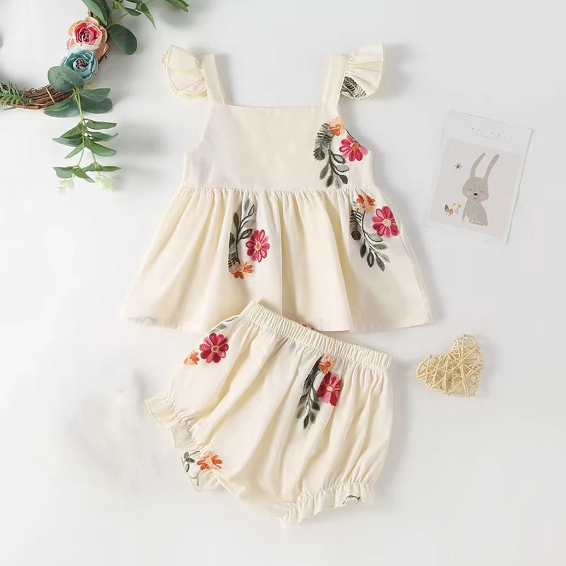New Baby Summer Clothes Infant Girl'S Floral Puff Sleeve Bodysuit Toddler Tee and Shorts 2PCS Sets ﻿Children'S Outfit