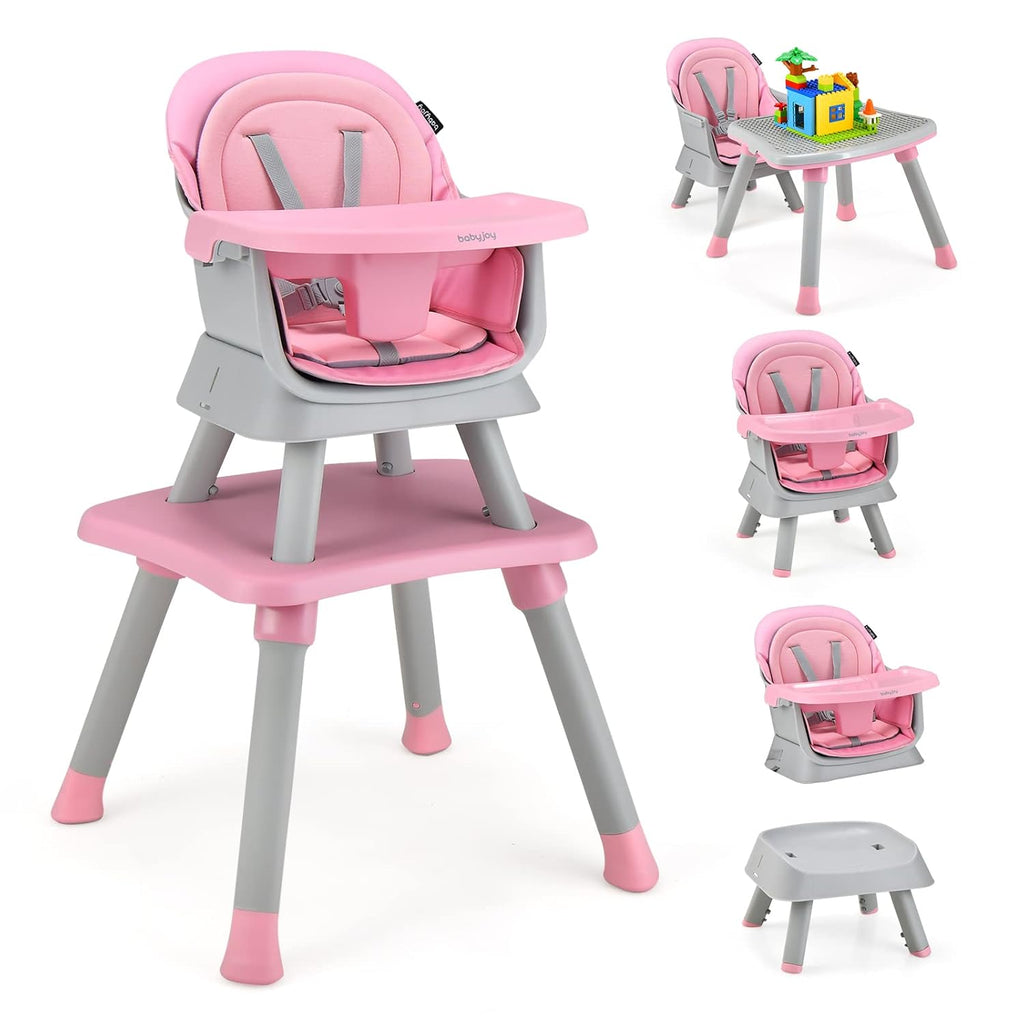 8-in-1 Convertible High Chair for Babies and Toddlers - Booster Seat, Table and Chair Set, Building Block Table, Toddler Chair with Safety Harness and Removable Tray (Pink)