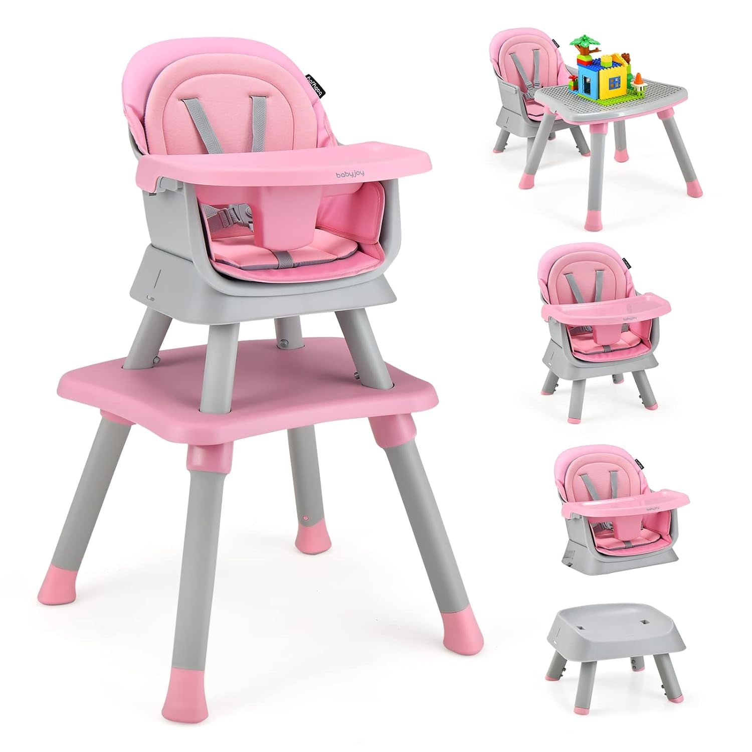 8-in-1 Convertible High Chair for Babies and Toddlers - Booster Seat, Table and Chair Set, Building Block Table, Toddler Chair with Safety Harness and Removable Tray (Pink)