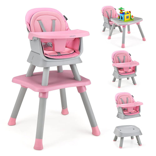 8-in-1 Convertible High Chair for Babies and Toddlers - Booster Seat, Table and Chair Set, Building Block Table, Toddler Chair with Safety Harness and Removable Tray (Pink)