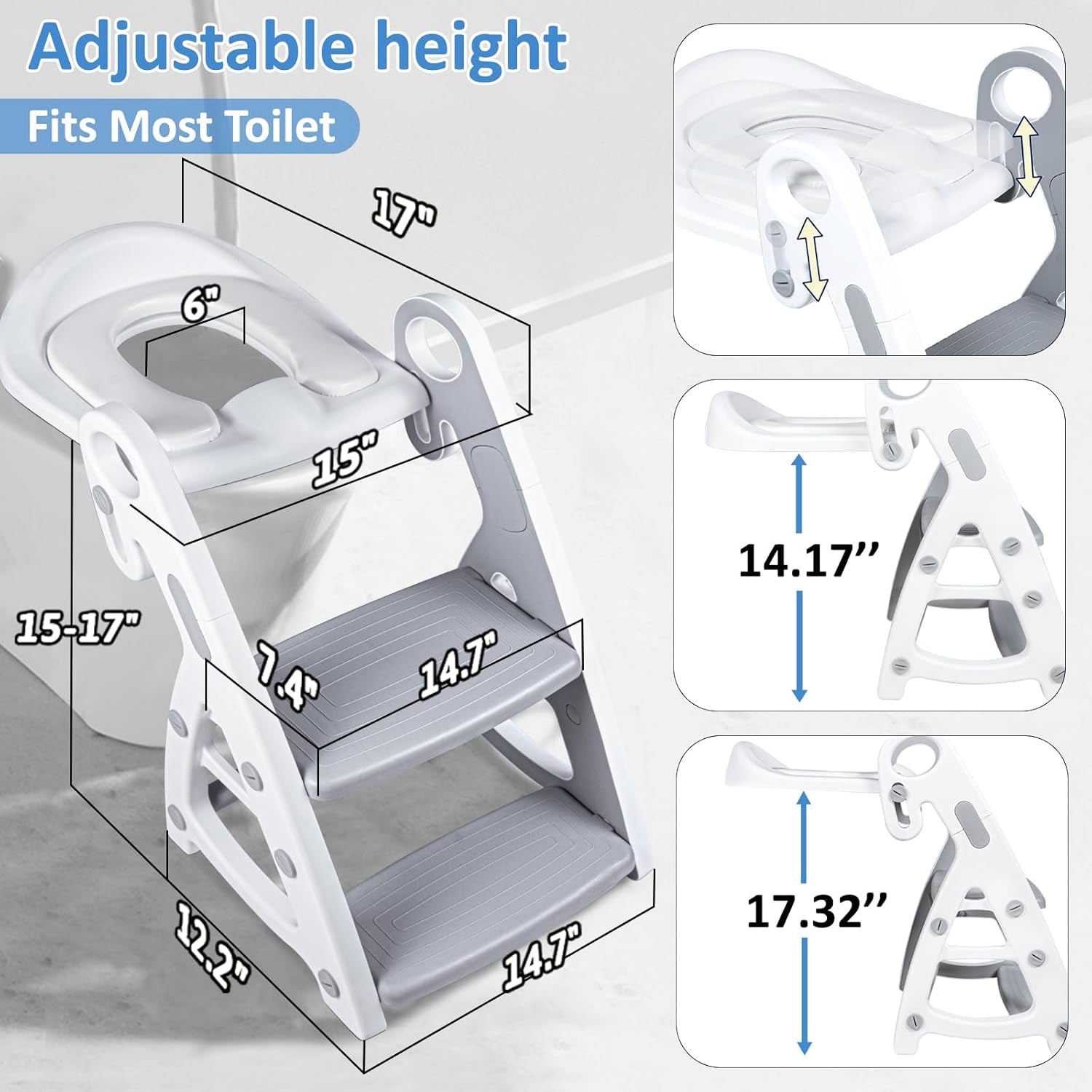 2-In-1 Toddler Potty Training Seat with Step Stool, Adjustable Non-Slip Design and Splash Guard for Boys and Girls (Grey)