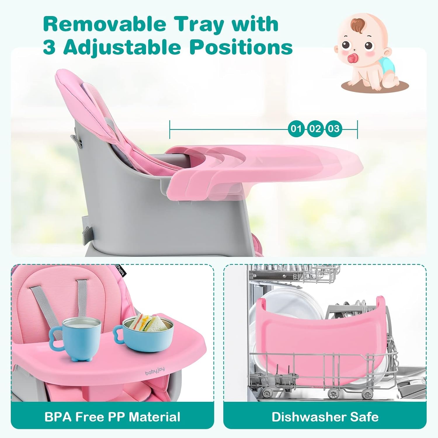 8-in-1 Convertible High Chair for Babies and Toddlers - Booster Seat, Table and Chair Set, Building Block Table, Toddler Chair with Safety Harness and Removable Tray (Pink)