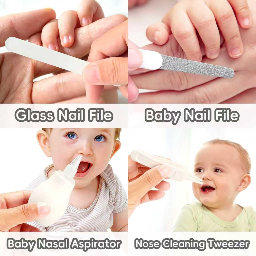 Infant Grooming and Safety Care Set with Hair Brush, Comb, Nail Clipper, and Nasal Aspirator - Essential Kit for Newborns (Grey/White)
