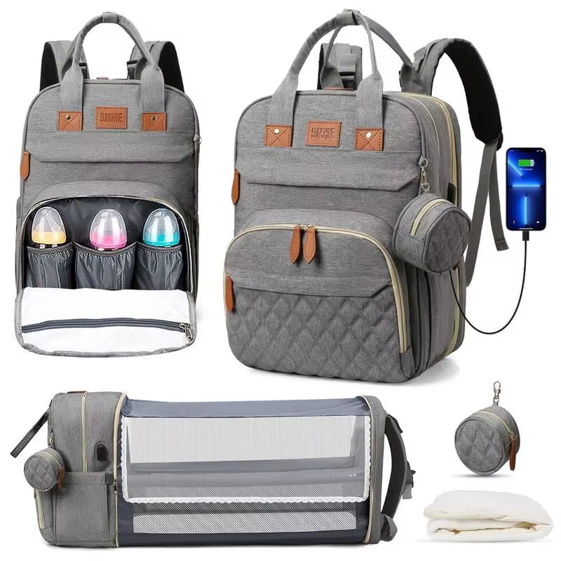 3-in-1 Waterproof Diaper Bag Backpack with Foldable Baby Bed and USB Charging Feature