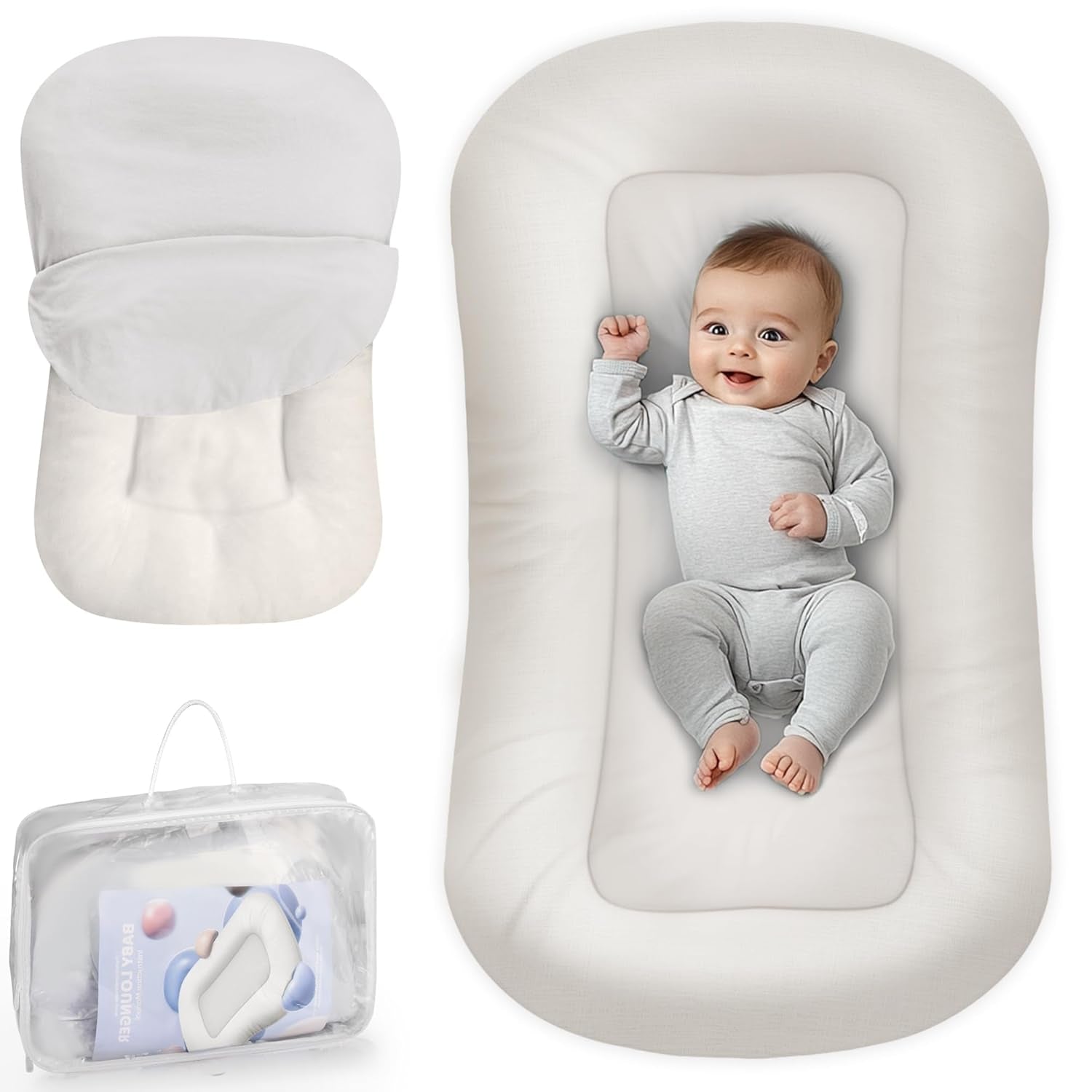 Premium Baby Lounger for Newborns and Infants (0-24 Months) - Soft Cotton Baby Nest for Home and Travel, Includes Lounger Cover - Ideal Gift for Newborn Essentials, White