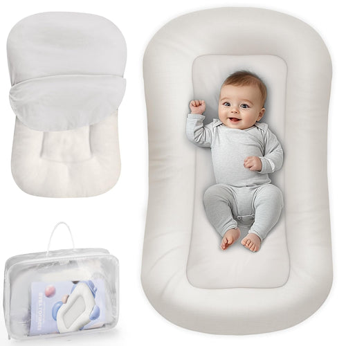 Premium Baby Lounger for Newborns and Infants (0-24 Months) - Soft Cotton Baby Nest for Home and Travel, Includes Lounger Cover - Ideal Gift for Newborn Essentials, White