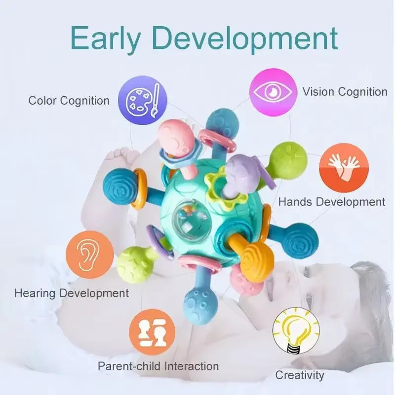 Infant Rotating Rattle Ball: Grasping Activity Development Toy and Silicone Teether for Sensory Stimulation (0-12 Months)