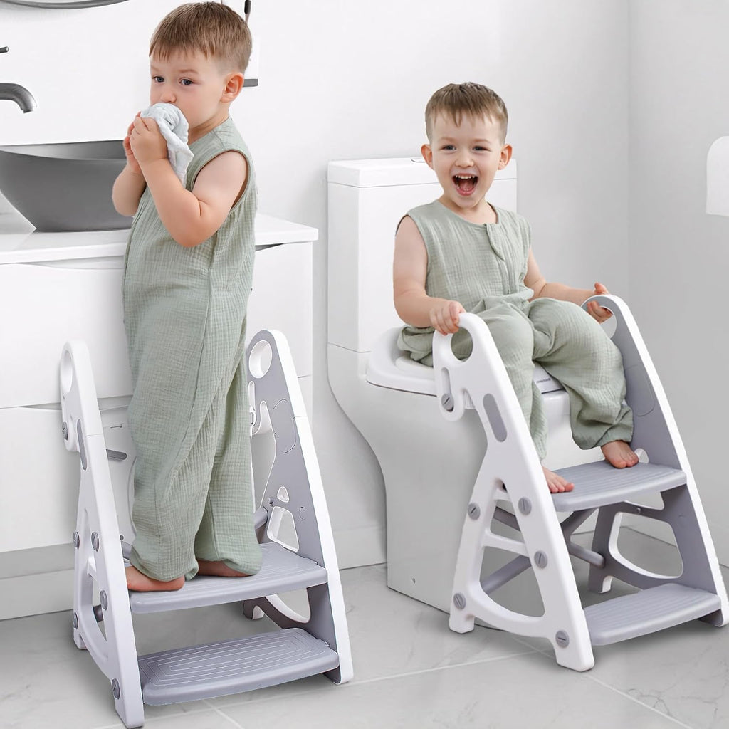 2-In-1 Toddler Potty Training Seat with Step Stool, Adjustable Non-Slip Design and Splash Guard for Boys and Girls (Grey)