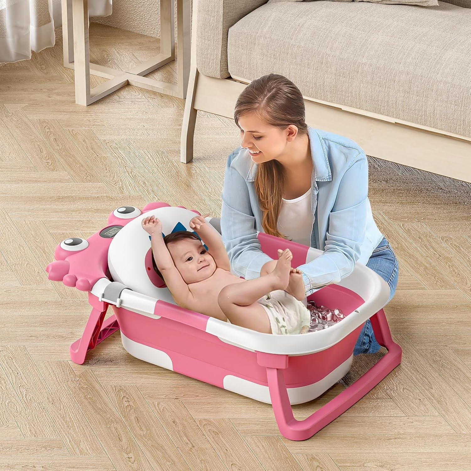Collapsible Baby Bathtub for Newborns to Toddlers with Real-Time Temperature Monitor and Floating Cushion, Portable Travel Tub for Ages 0-36 Months, Foldable Design for Infants (Pink)