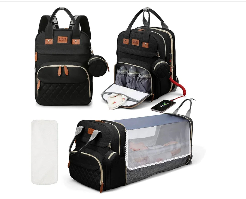 3-in-1 Waterproof Diaper Bag Backpack with Foldable Baby Bed and USB Charging Feature