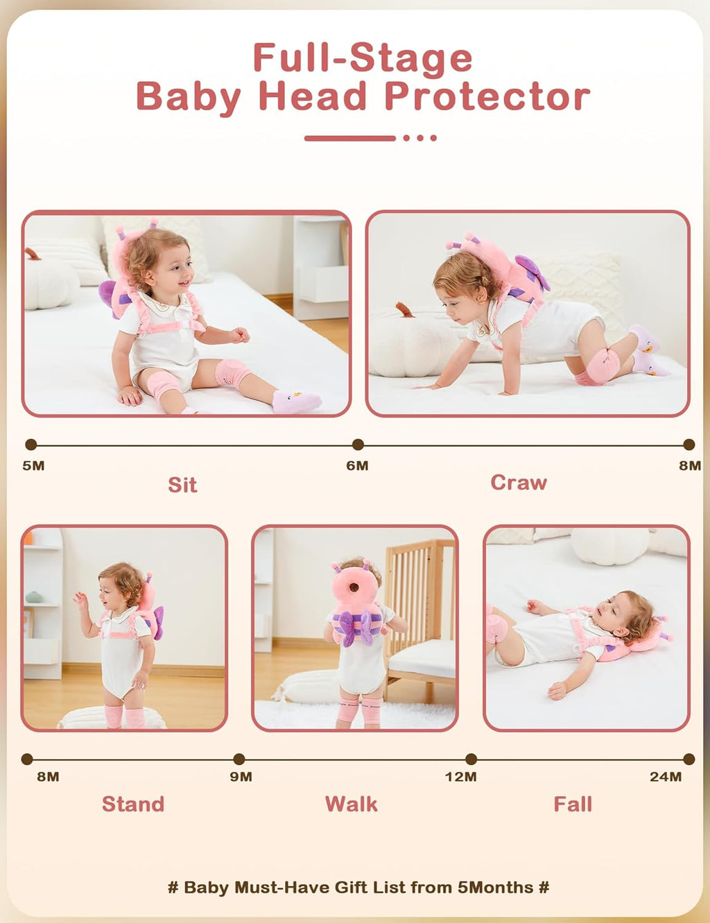 Toddler Head Protection Backpack, Pink Butterfly Design