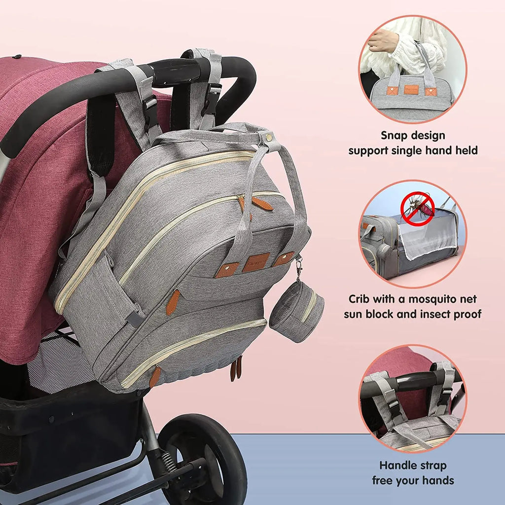 3-in-1 Waterproof Diaper Bag Backpack with Foldable Baby Bed and USB Charging Feature