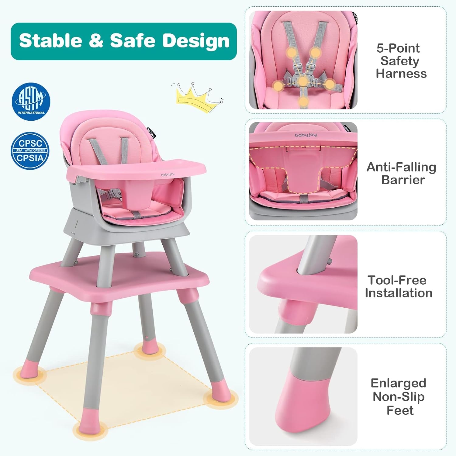 8-in-1 Convertible High Chair for Babies and Toddlers - Booster Seat, Table and Chair Set, Building Block Table, Toddler Chair with Safety Harness and Removable Tray (Pink)