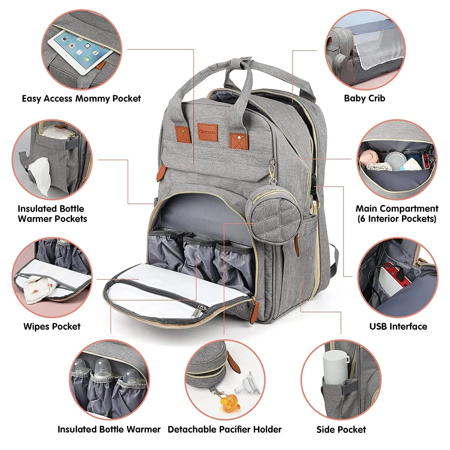 3-in-1 Waterproof Diaper Bag Backpack with Foldable Baby Bed and USB Charging Feature
