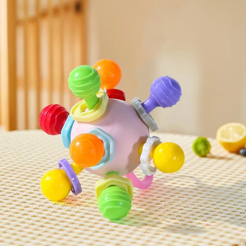 Infant Rotating Rattle Ball: Grasping Activity Development Toy and Silicone Teether for Sensory Stimulation (0-12 Months)
