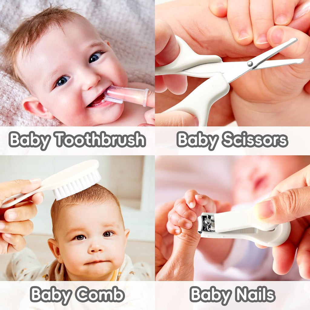 Infant Grooming and Safety Care Set with Hair Brush, Comb, Nail Clipper, and Nasal Aspirator - Essential Kit for Newborns (Grey/White)