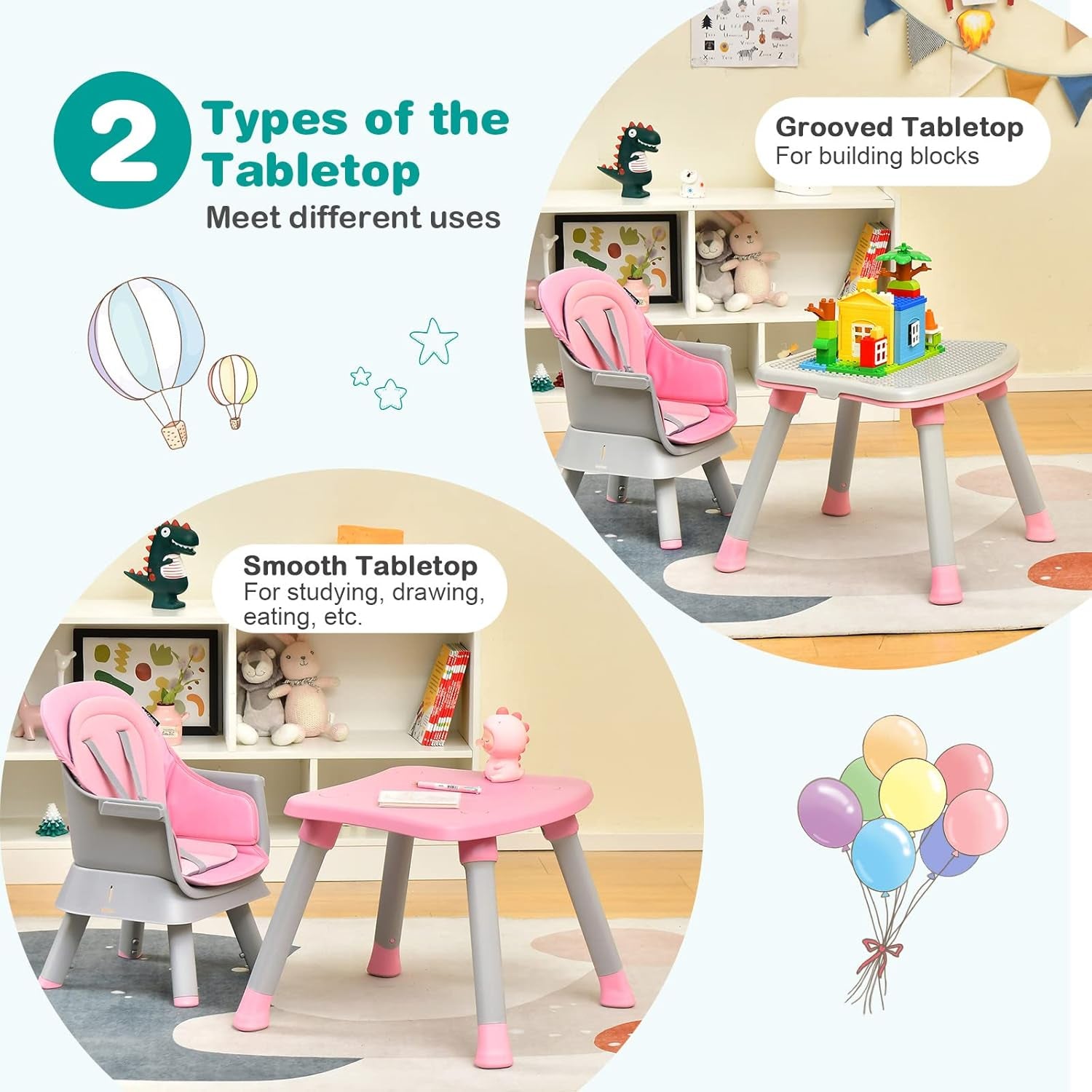 8-in-1 Convertible High Chair for Babies and Toddlers - Booster Seat, Table and Chair Set, Building Block Table, Toddler Chair with Safety Harness and Removable Tray (Pink)