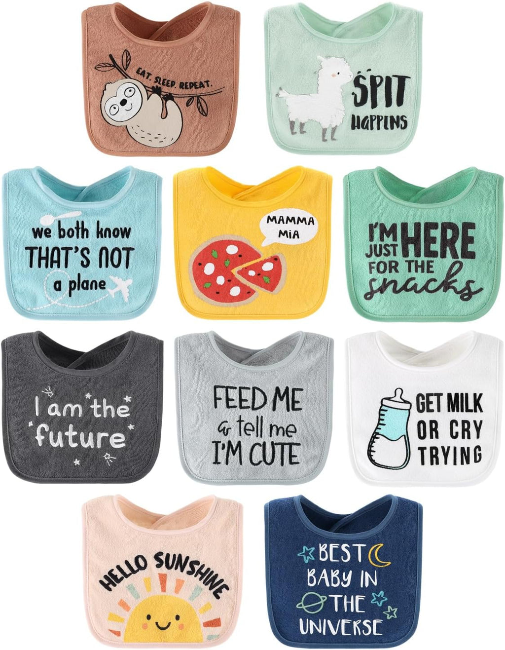 Unisex 100% Cotton Terry Bibs Set for Infants and Toddlers - Soft, Absorbent, and Durable - Set of 10 in Sunshine Design