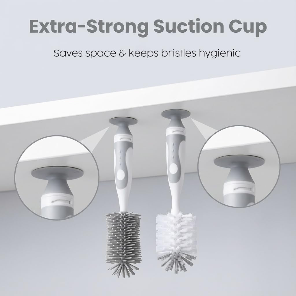 5-in-1 BPA-Free Baby Bottle Cleaning Set with Nylon and Silicone Brushes for Bottles, Caps, Straws, and Nipples (Grey)