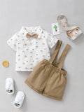 2PCS Infant Boy Clothes Set Tiger Print Short Sleeve with Bow+Strap Shorts Casual Party Birthday Suit for Toddler Boy 0-2 Years