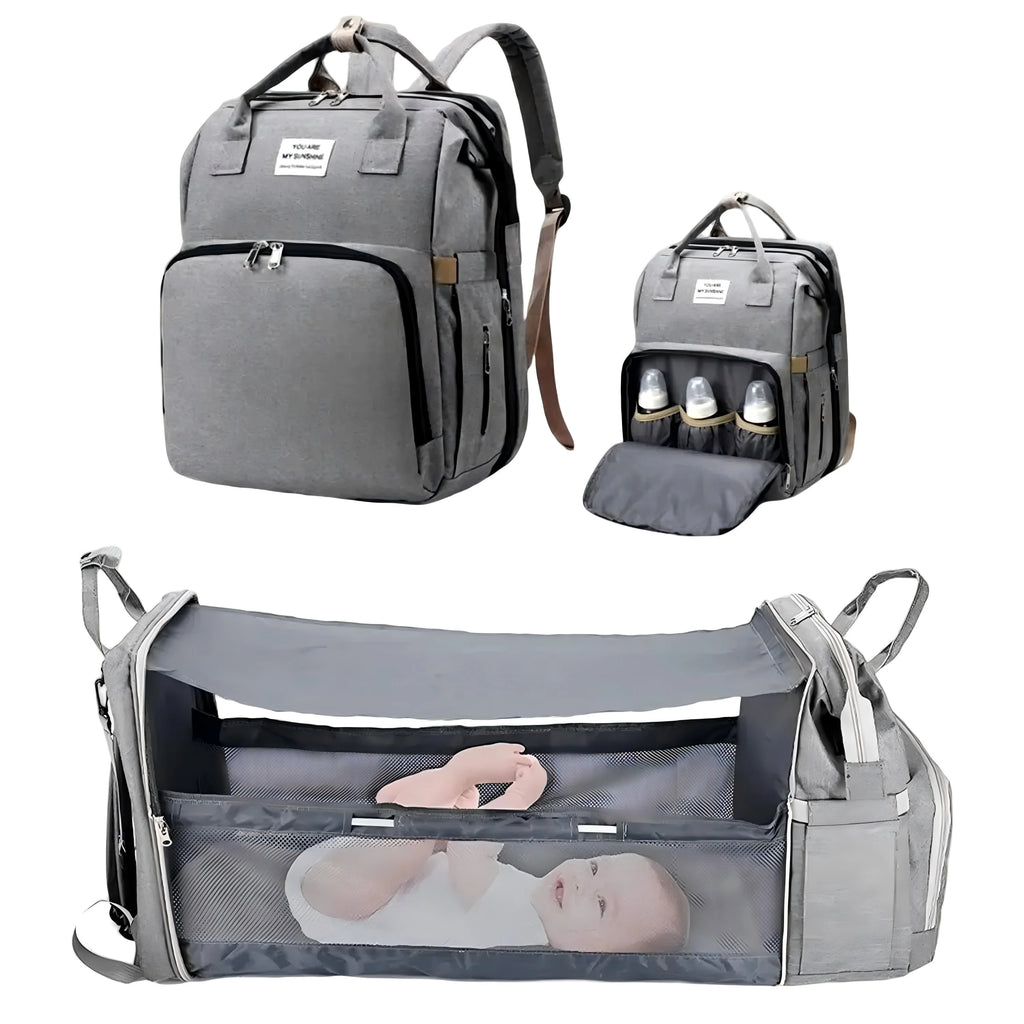 3-in-1 Waterproof Diaper Bag Backpack with Foldable Baby Bed and USB Charging Feature