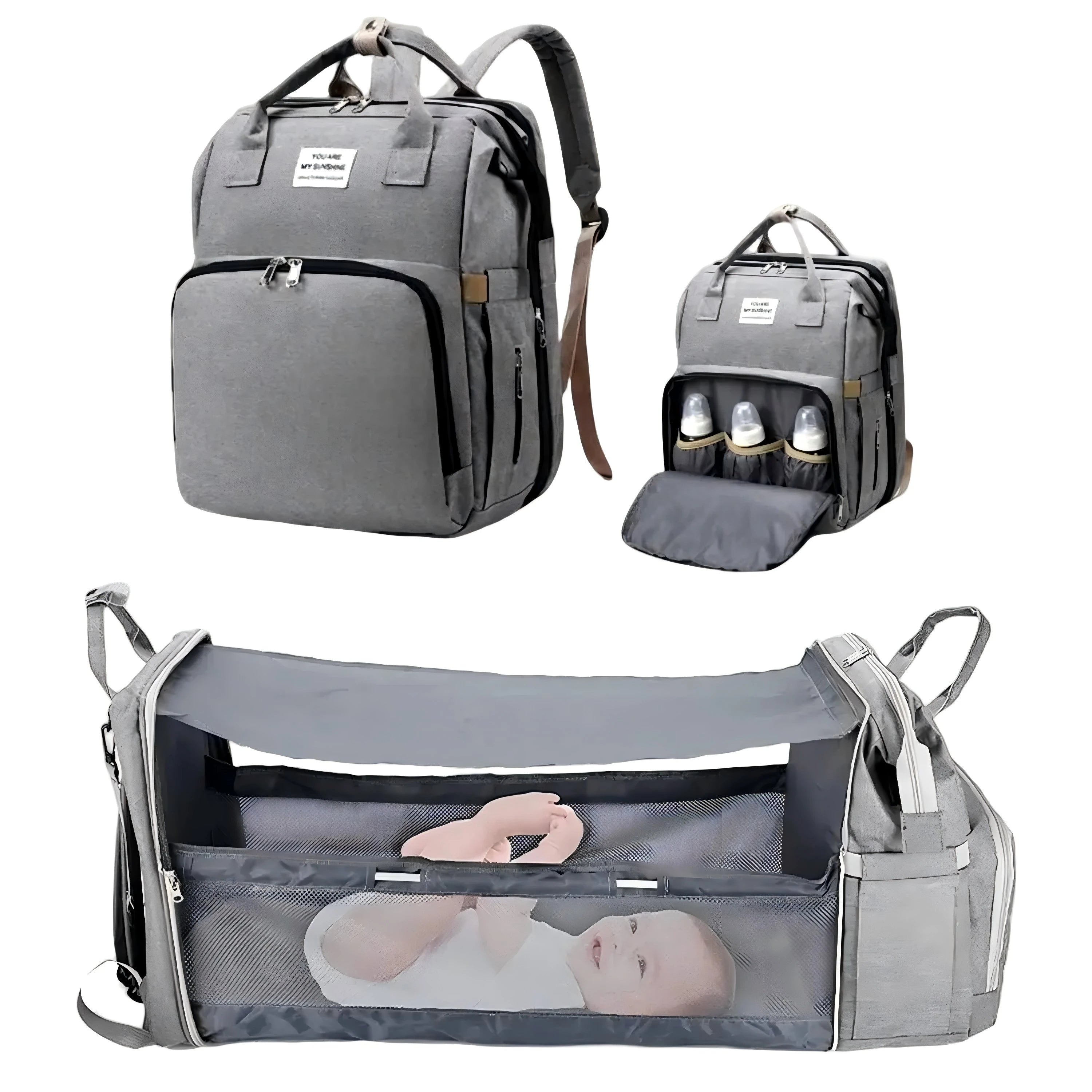 3-in-1 Waterproof Diaper Bag Backpack with Foldable Baby Bed and USB Charging Feature