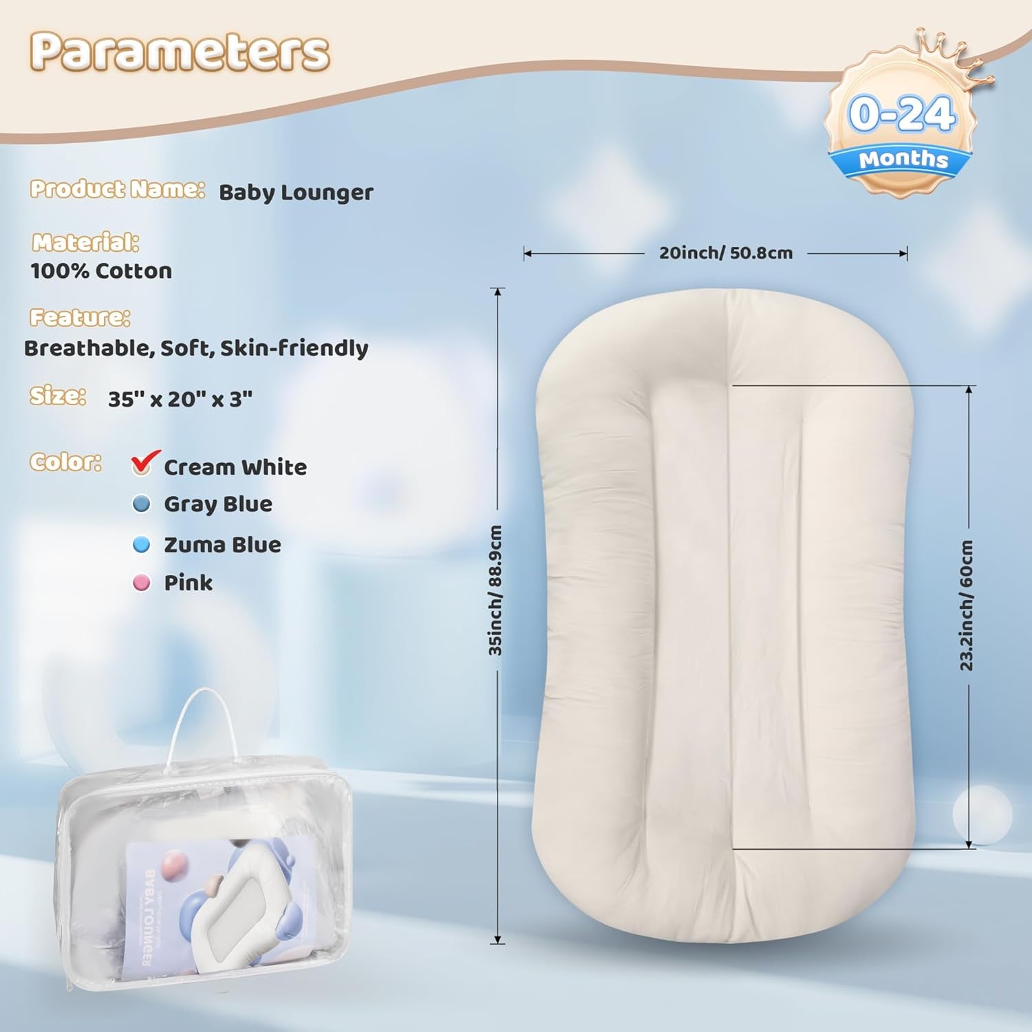 Premium Baby Lounger for Newborns and Infants (0-24 Months) - Soft Cotton Baby Nest for Home and Travel, Includes Lounger Cover - Ideal Gift for Newborn Essentials, White