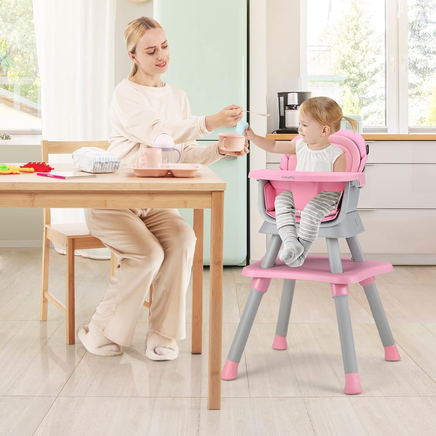 8-in-1 Convertible High Chair for Babies and Toddlers - Booster Seat, Table and Chair Set, Building Block Table, Toddler Chair with Safety Harness and Removable Tray (Pink)