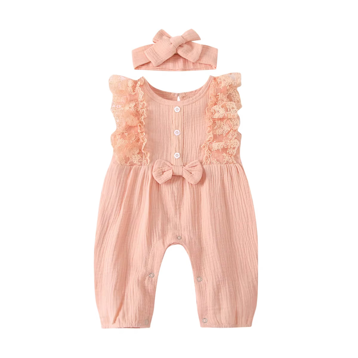 LunaLinen – Baby Girl Cotton Romper & Headdress Set