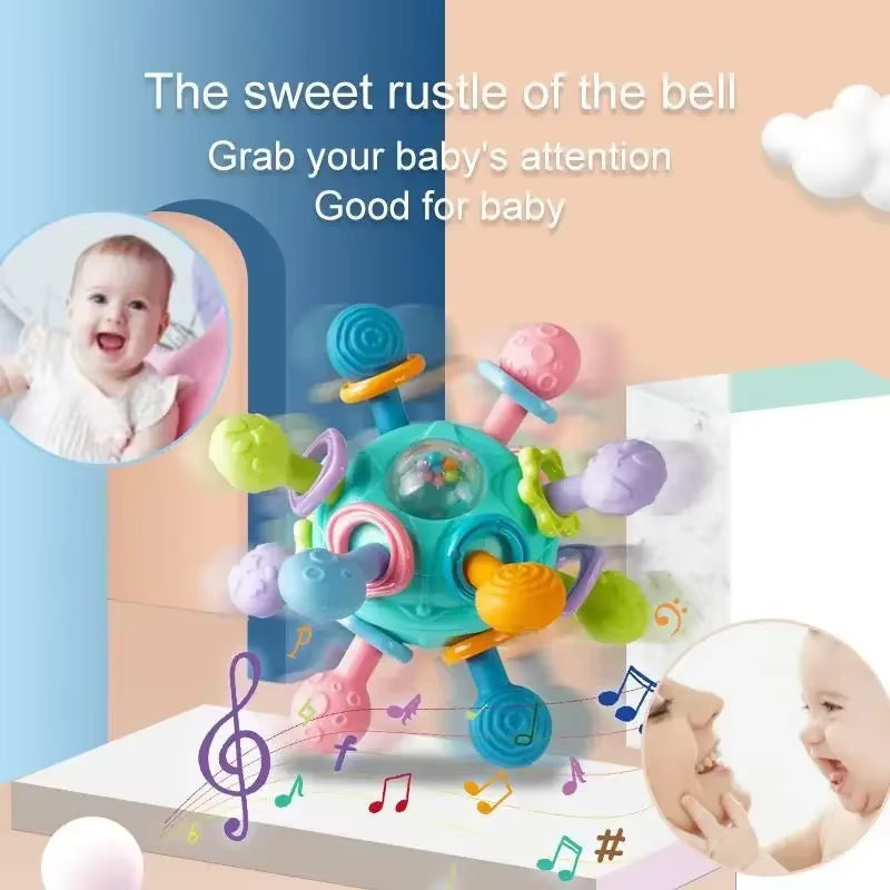 Infant Rotating Rattle Ball: Grasping Activity Development Toy and Silicone Teether for Sensory Stimulation (0-12 Months)