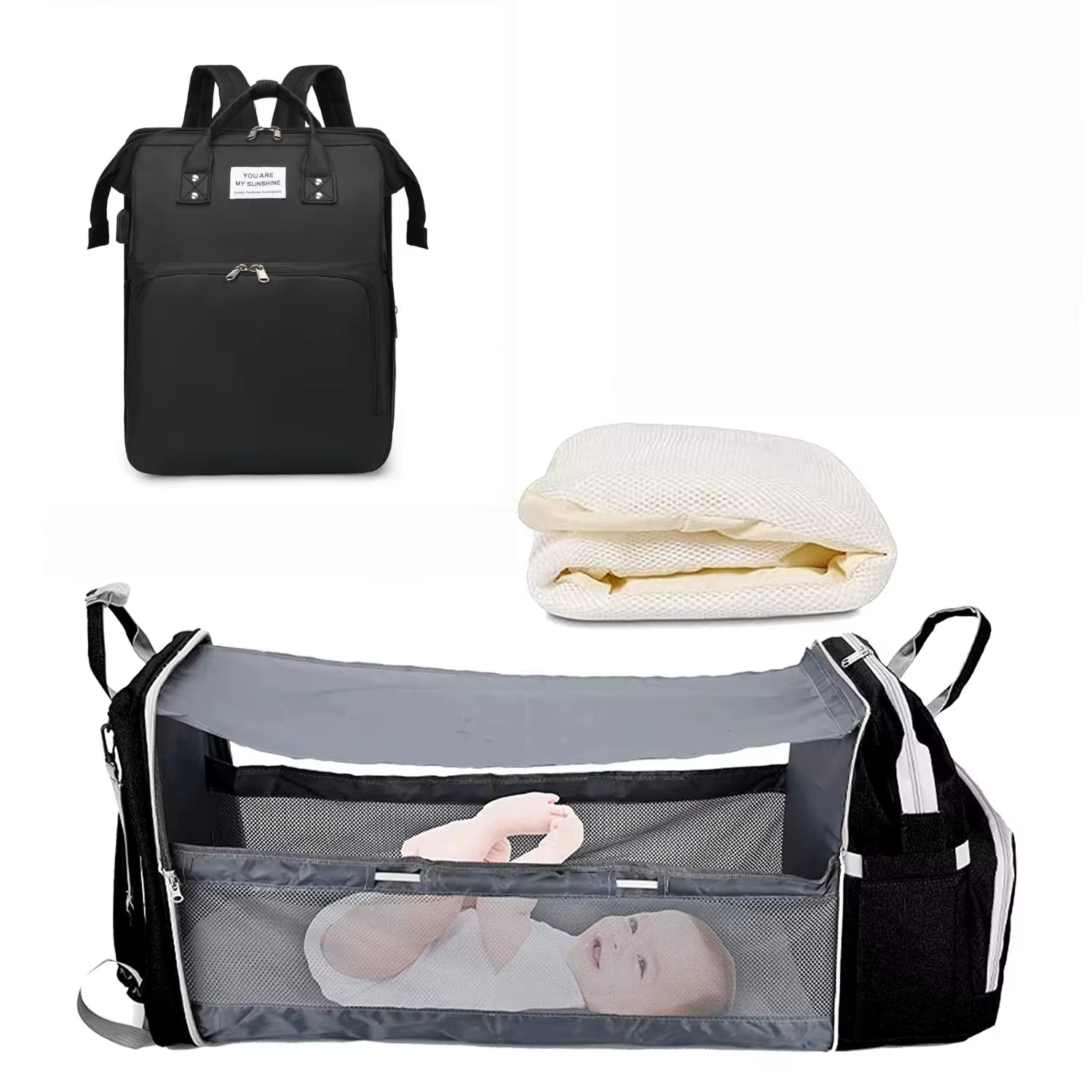 3-in-1 Waterproof Diaper Bag Backpack with Foldable Baby Bed and USB Charging Feature