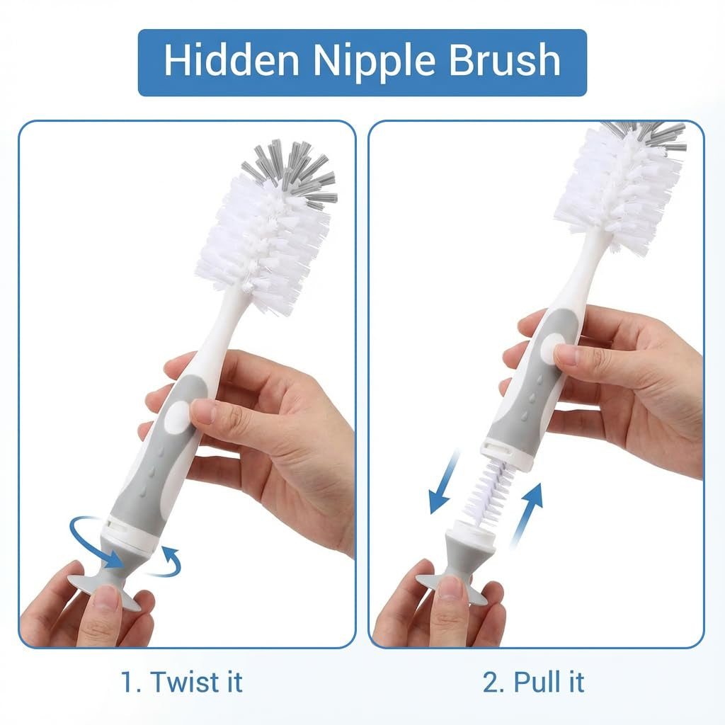 5-in-1 BPA-Free Baby Bottle Cleaning Set with Nylon and Silicone Brushes for Bottles, Caps, Straws, and Nipples (Grey)