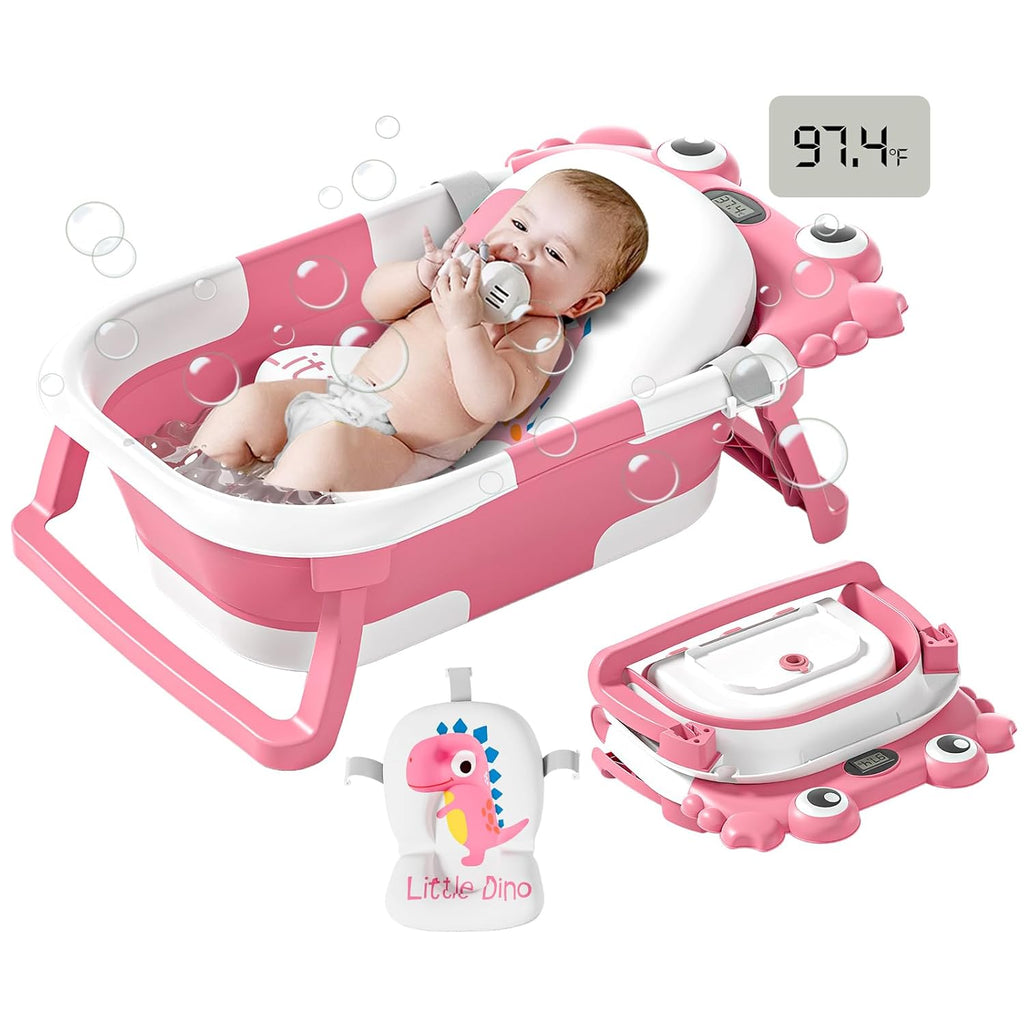 Collapsible Baby Bathtub for Newborns to Toddlers with Real-Time Temperature Monitor and Floating Cushion, Portable Travel Tub for Ages 0-36 Months, Foldable Design for Infants (Pink)