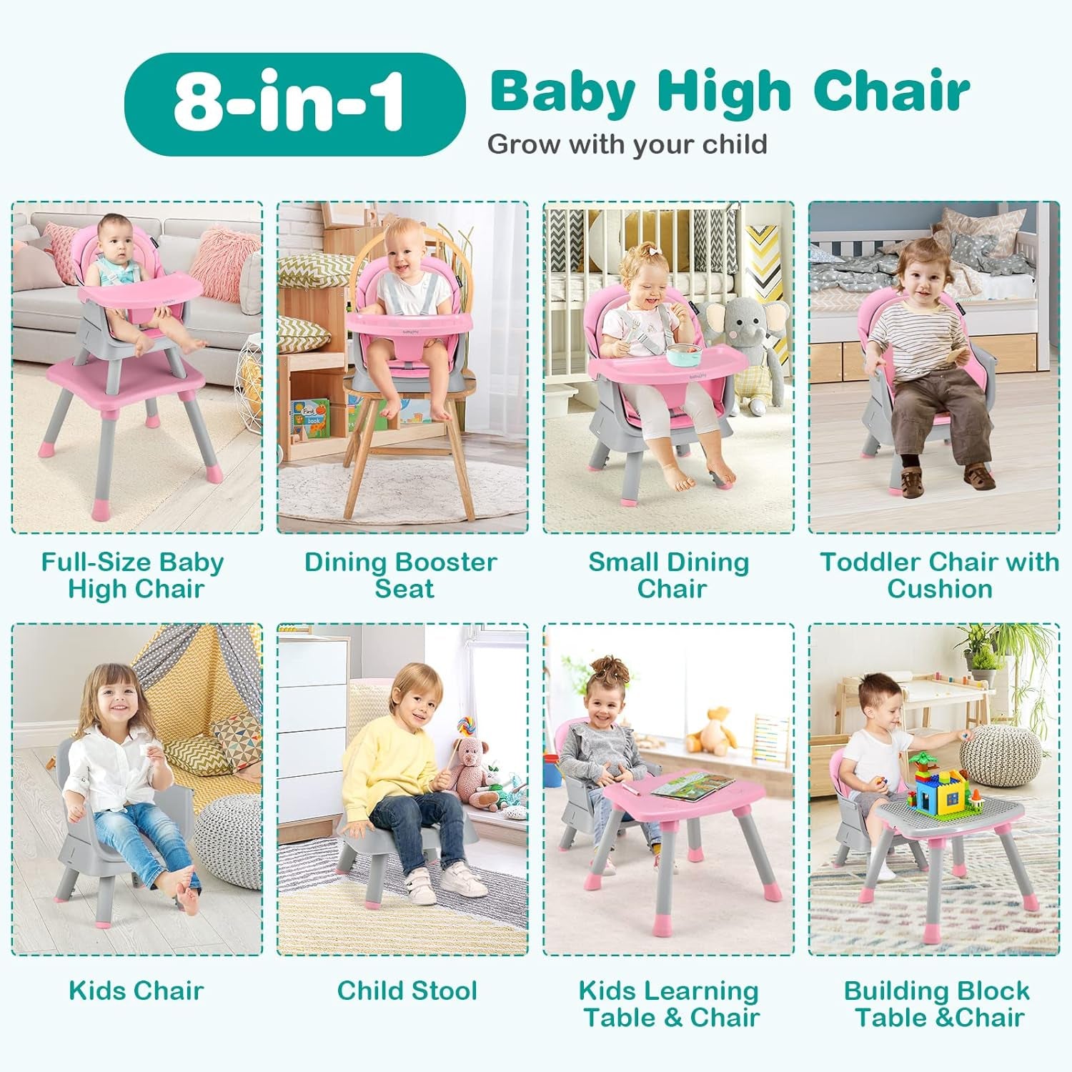 8-in-1 Convertible High Chair for Babies and Toddlers - Booster Seat, Table and Chair Set, Building Block Table, Toddler Chair with Safety Harness and Removable Tray (Pink)
