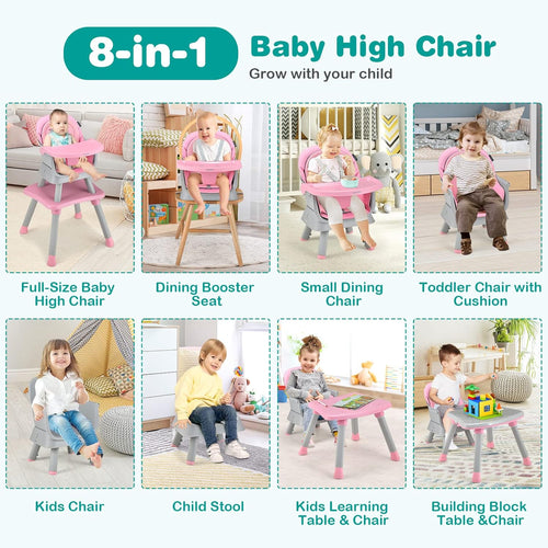 8-in-1 Convertible High Chair for Babies and Toddlers - Booster Seat, Table and Chair Set, Building Block Table, Toddler Chair with Safety Harness and Removable Tray (Pink)