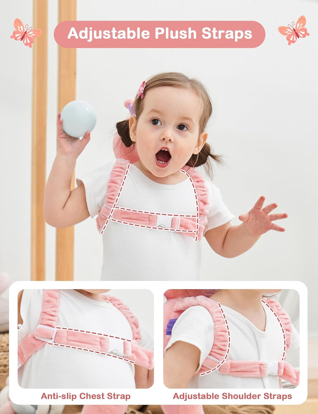 Toddler Head Protection Backpack, Pink Butterfly Design