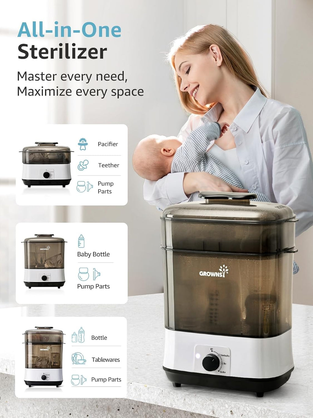 Adjustable 4-in-1 Electric Steam Sterilizer and Dryer for Baby Bottles, Pacifiers, and Breast Pump Parts – 8-Bottle Capacity