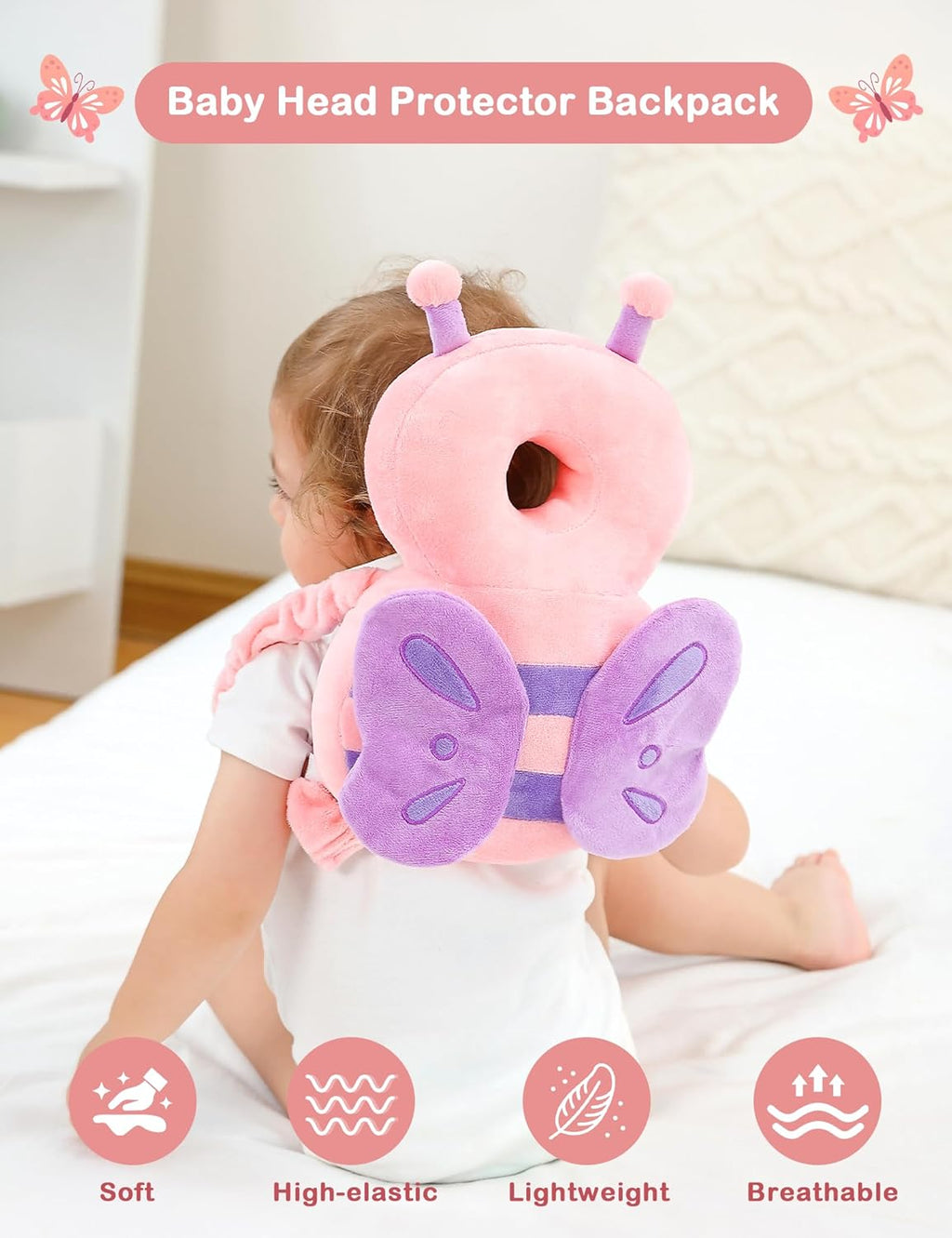 Toddler Head Protection Backpack, Pink Butterfly Design