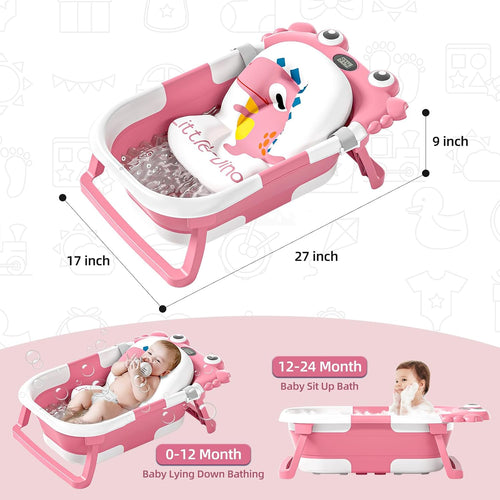 Collapsible Baby Bathtub for Newborns to Toddlers with Real-Time Temperature Monitor and Floating Cushion, Portable Travel Tub for Ages 0-36 Months, Foldable Design for Infants (Pink)