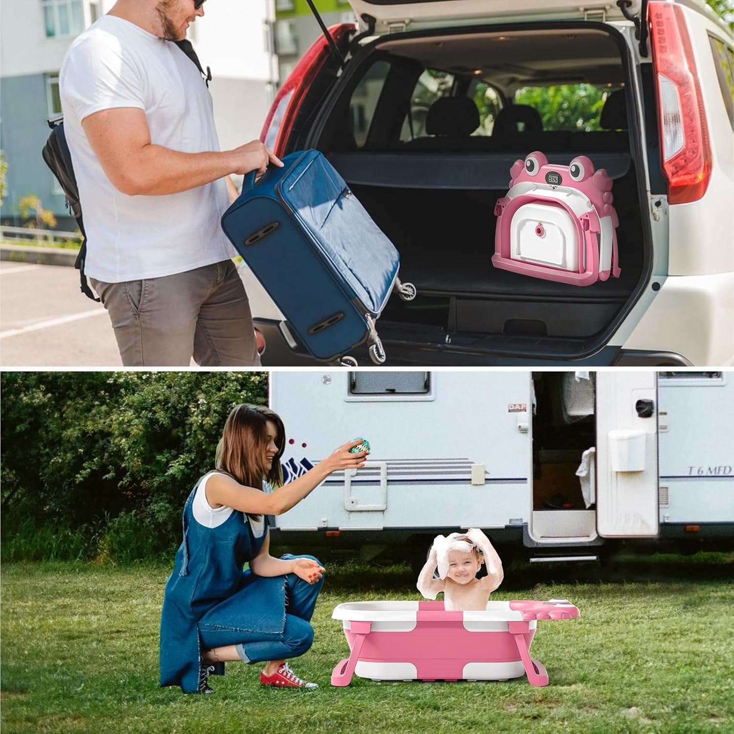 Collapsible Baby Bathtub for Newborns to Toddlers with Real-Time Temperature Monitor and Floating Cushion, Portable Travel Tub for Ages 0-36 Months, Foldable Design for Infants (Pink)