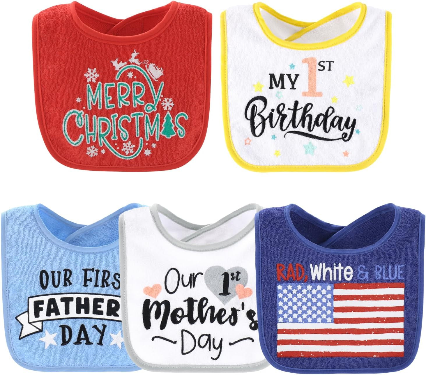 Set of 10 Cotton Terry Bibs for Infants and Toddlers - Soft, Absorbent, Unisex Design for Boys and Girls - Ideal for Newborns and Holidays