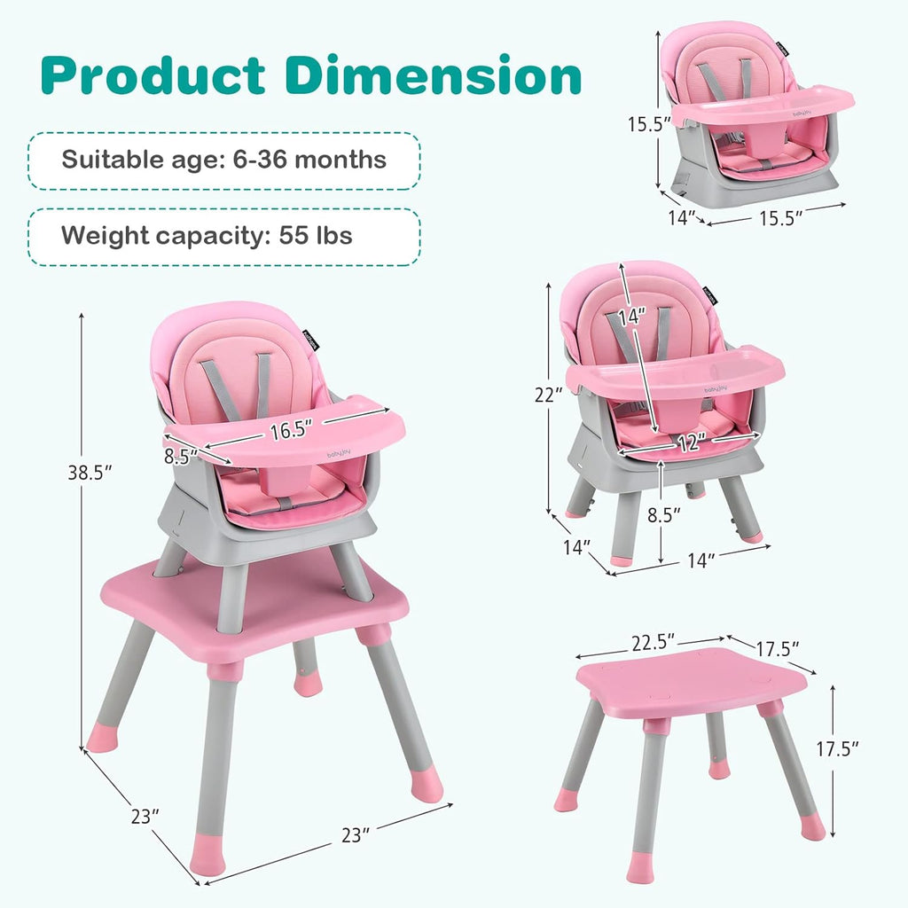 8-in-1 Convertible High Chair for Babies and Toddlers - Booster Seat, Table and Chair Set, Building Block Table, Toddler Chair with Safety Harness and Removable Tray (Pink)