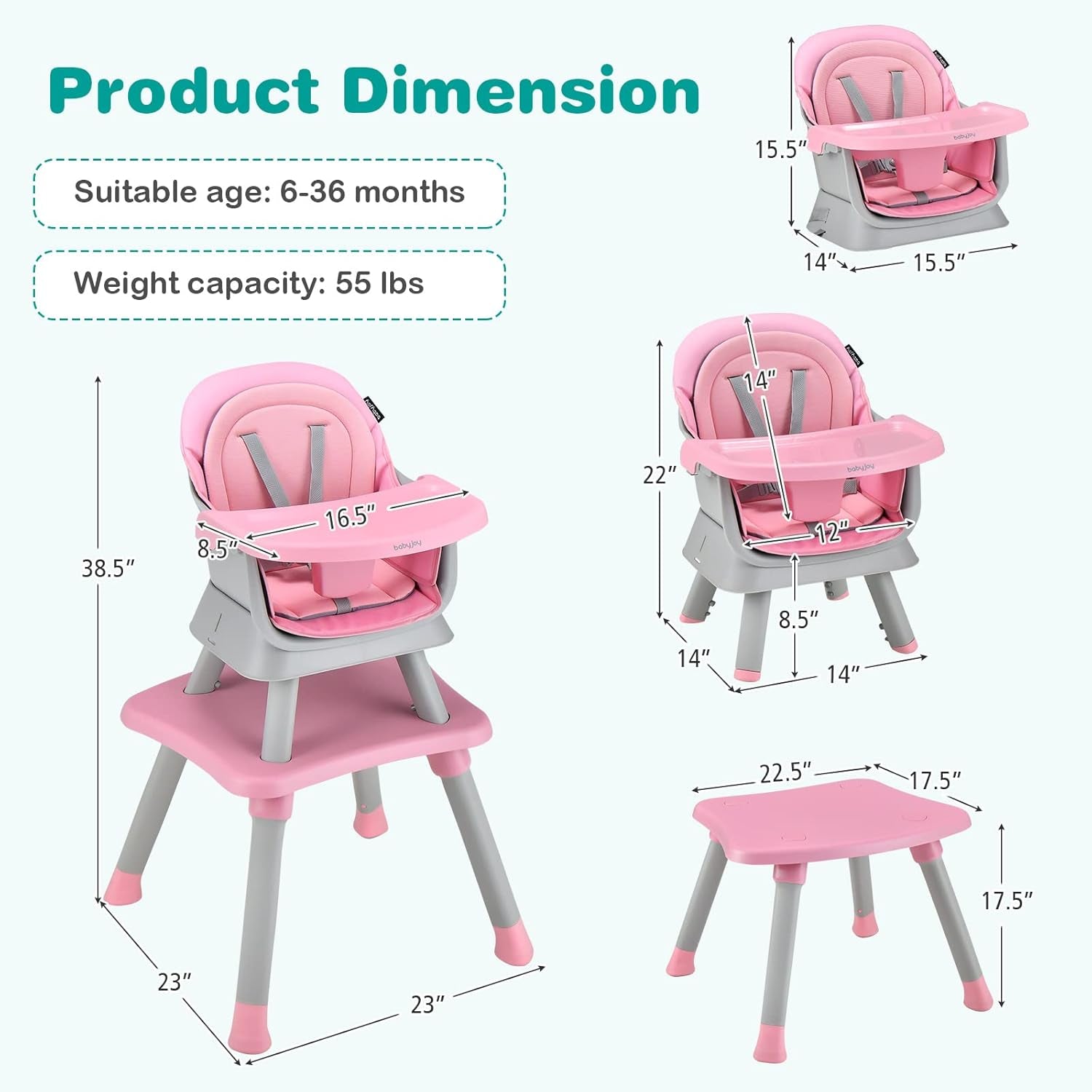8-in-1 Convertible High Chair for Babies and Toddlers - Booster Seat, Table and Chair Set, Building Block Table, Toddler Chair with Safety Harness and Removable Tray (Pink)