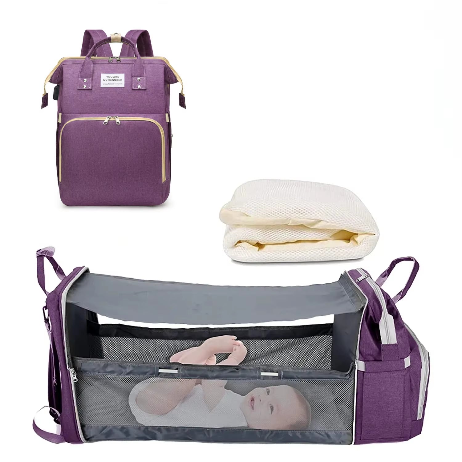 3-in-1 Waterproof Diaper Bag Backpack with Foldable Baby Bed and USB Charging Feature