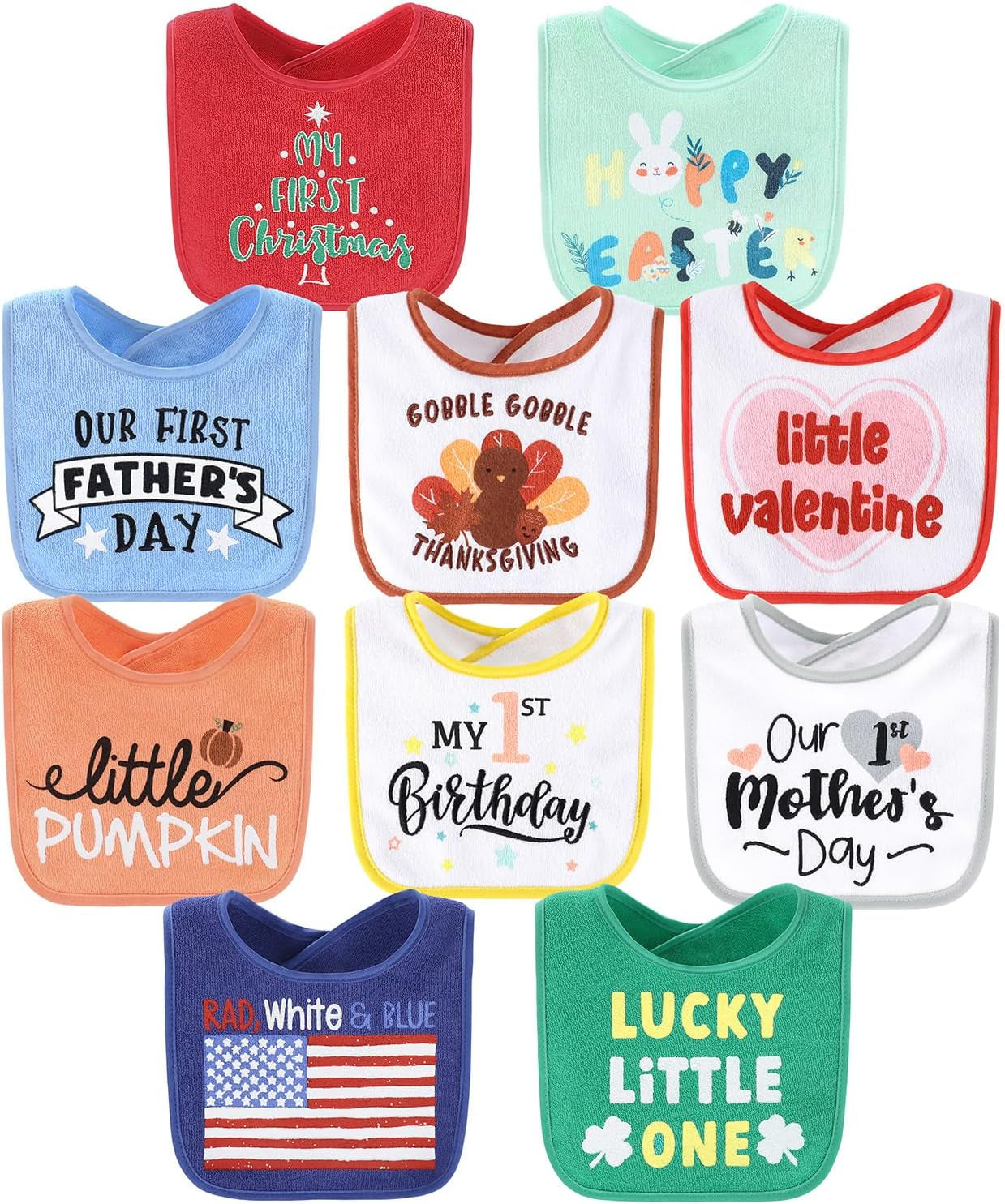 Set of 10 Cotton Terry Bibs for Infants and Toddlers - Soft, Absorbent, Unisex Design for Boys and Girls - Ideal for Newborns and Holidays