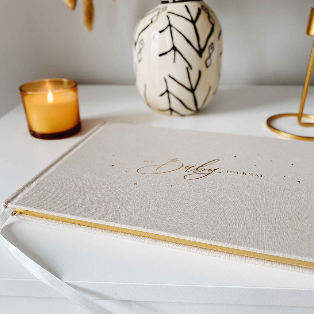 Luxury Baby Memory Book: Natural Cotton Cloth with Gold Foil and Gilded Edges - A Keepsake Journal for New Parents
